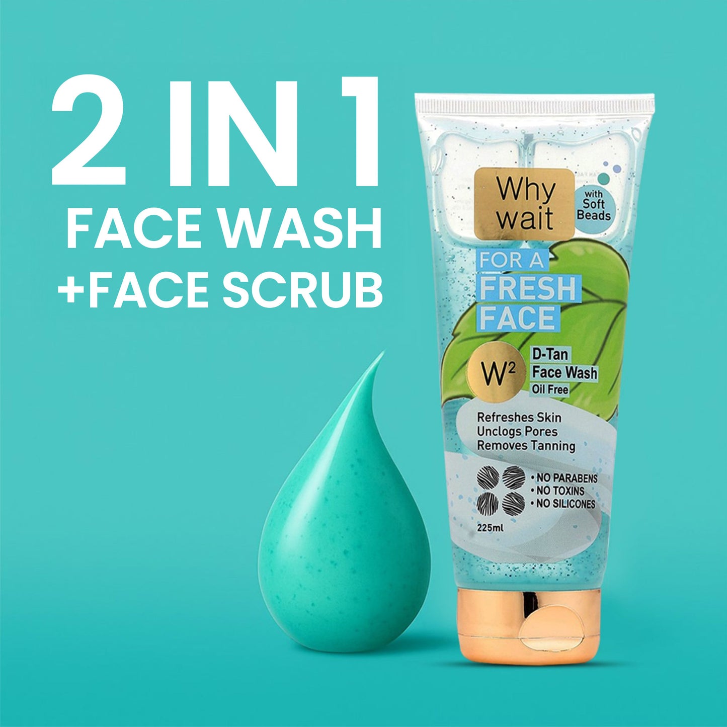 Tube of 2-in-1 face wash and scrub with a green drop on a teal background