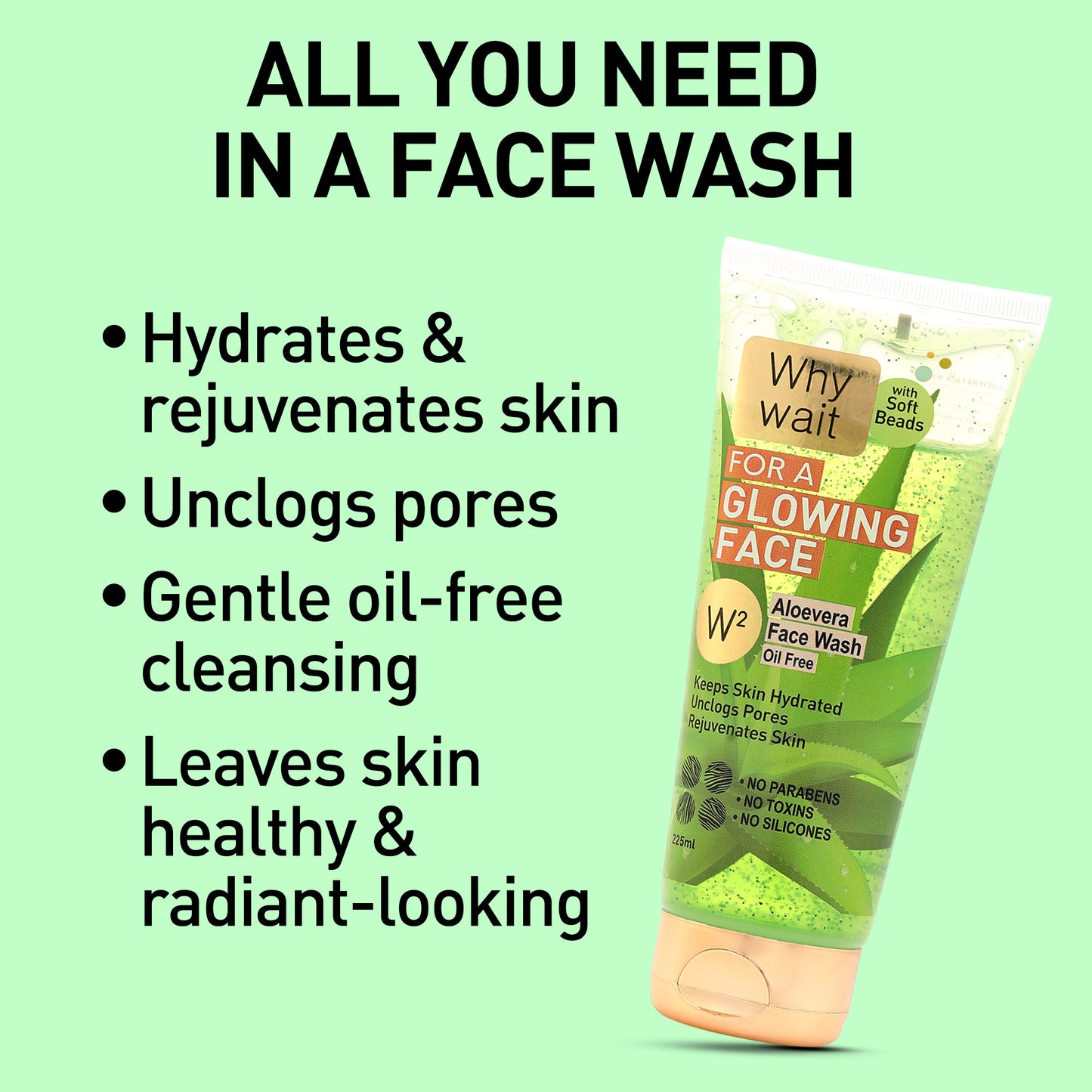 Tube of 'Why Wait' face wash with text on a green background