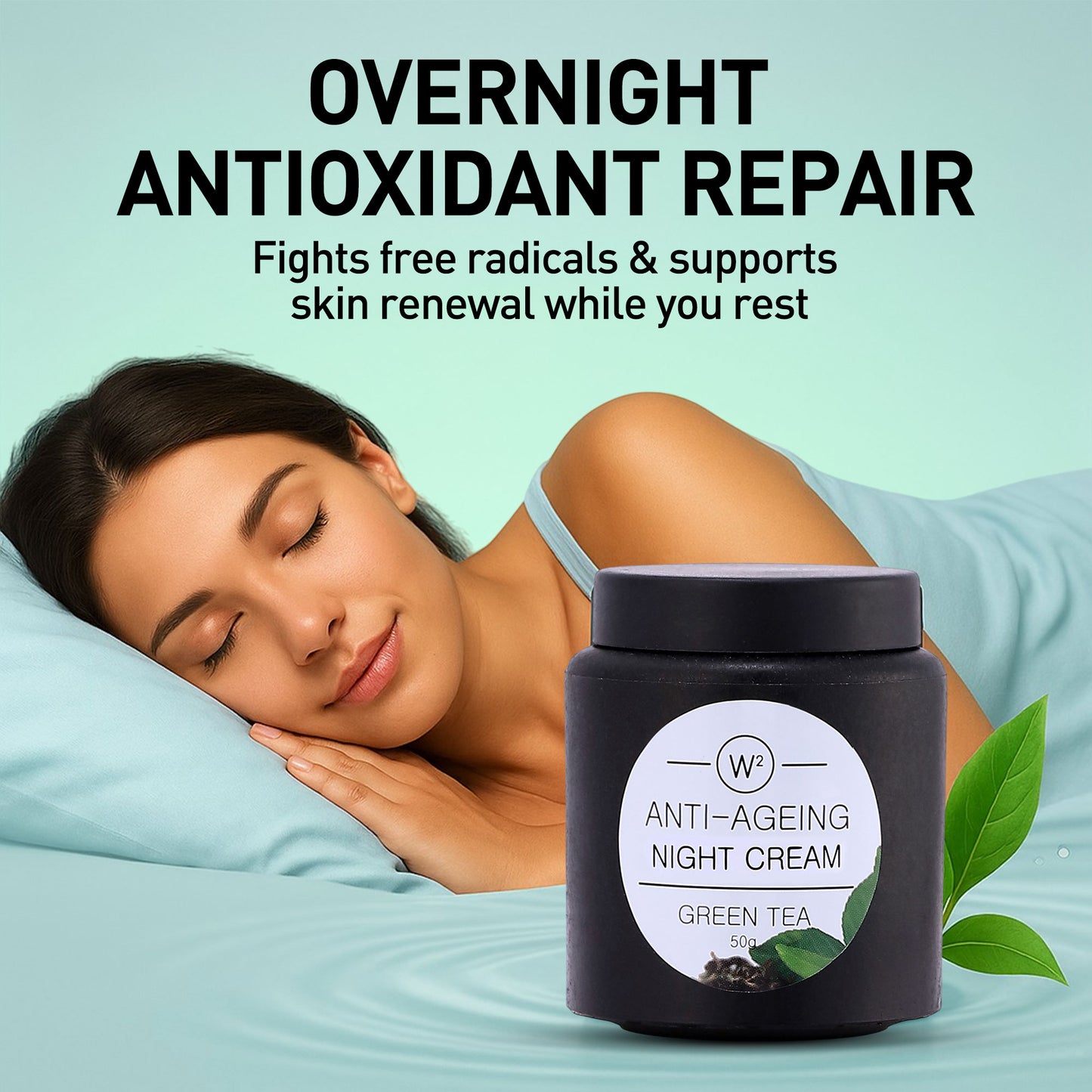 Woman sleeping with an anti-aging night cream jar labeled 'Green Tea' on a light blue background