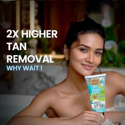 Woman holding a product with text about tan removal