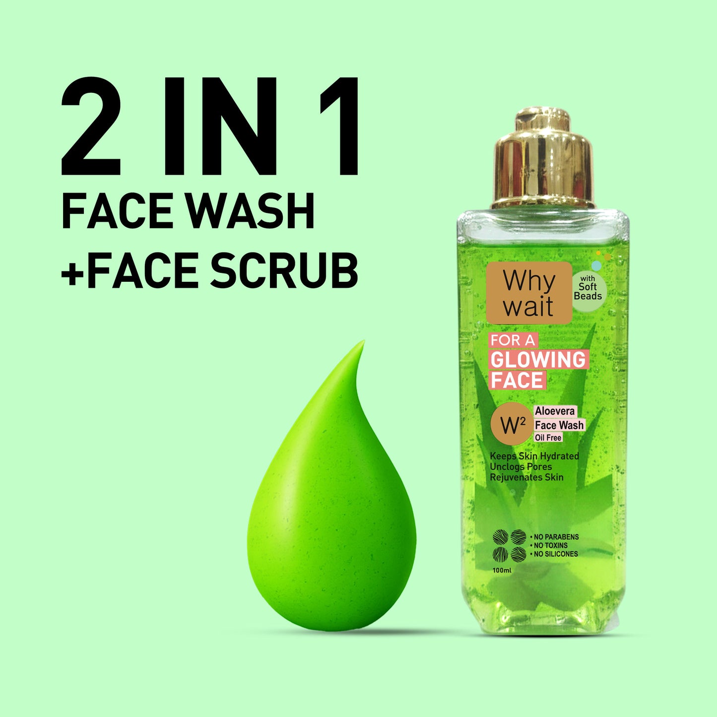 2-in-1 face wash and scrub bottle with green drop on a light green background