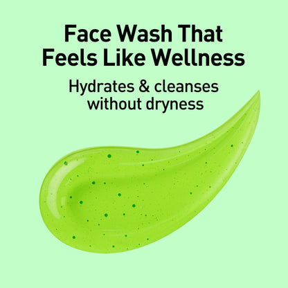 Green face wash product with text on a light green background