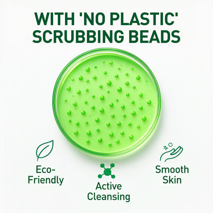 Green scrubber with text highlighting 'no plastic' scrubbings beads and eco-friendly benefits on a white background.