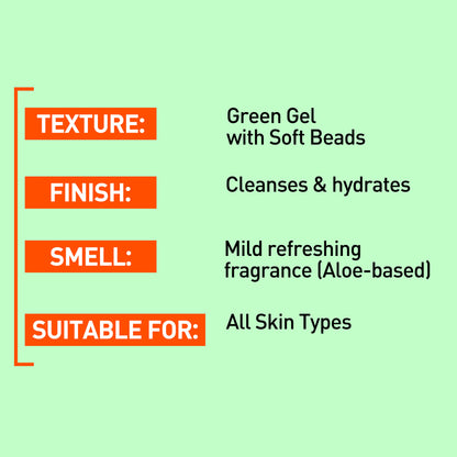 Product description card with texture, finish, smell, and suitability for skin types on a green background.