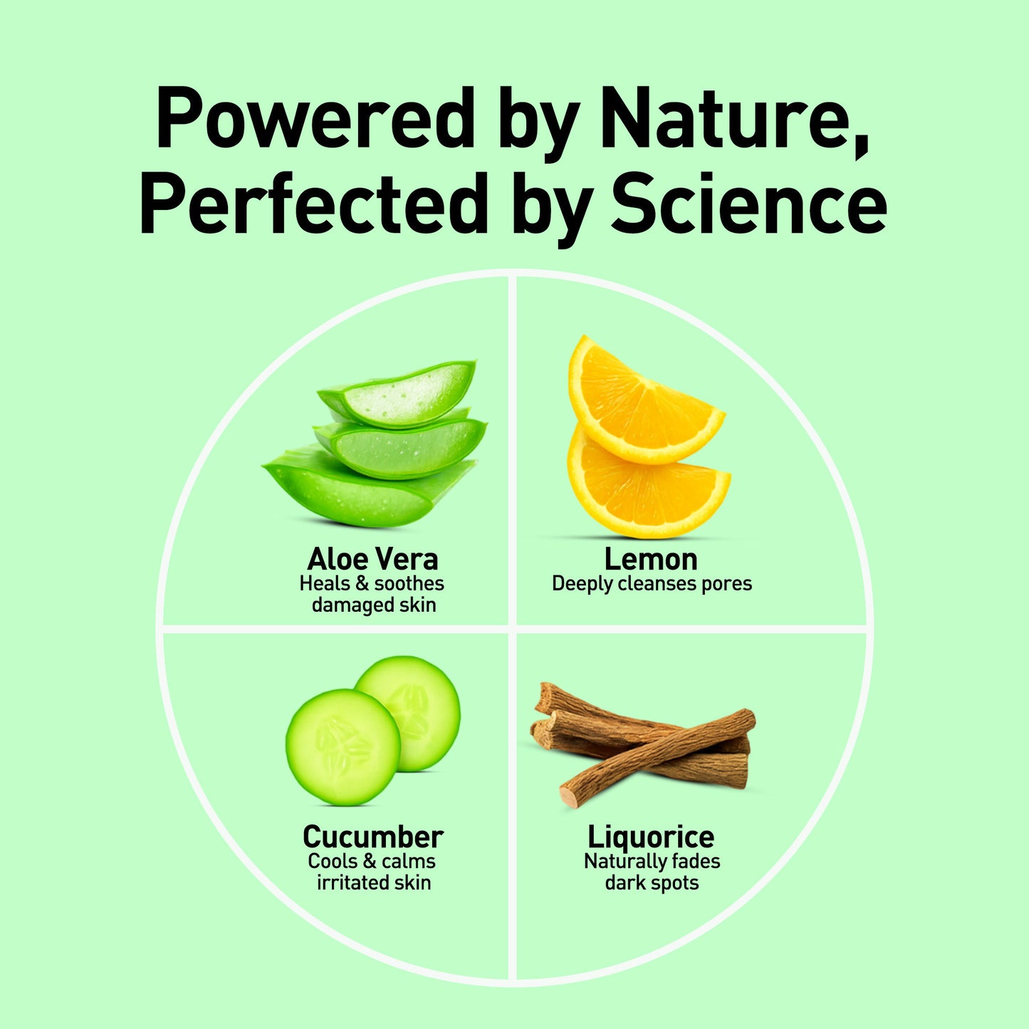 Product ingredients with aloe vera, lemon, cucumber, and liquorice on a green background.