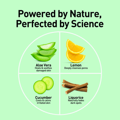 Product ingredients with aloe vera, lemon, cucumber, and liquorice on a green background.