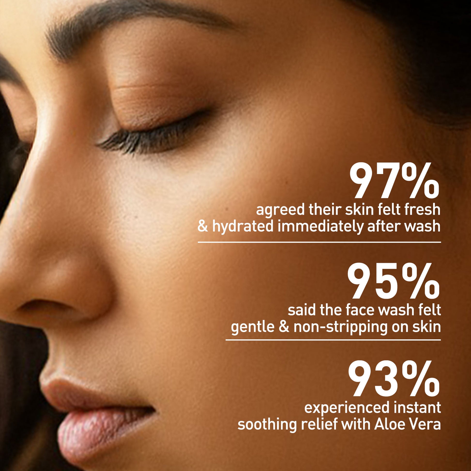 Close-up of a woman's face with skincare product claims text overlay