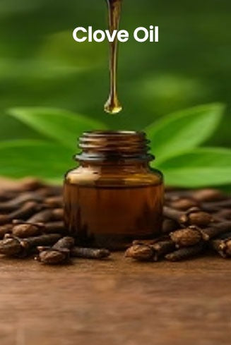 Brown glass bottle of clove oil with a droplet above it, surrounded by cloves and green leaves on a wooden surface.