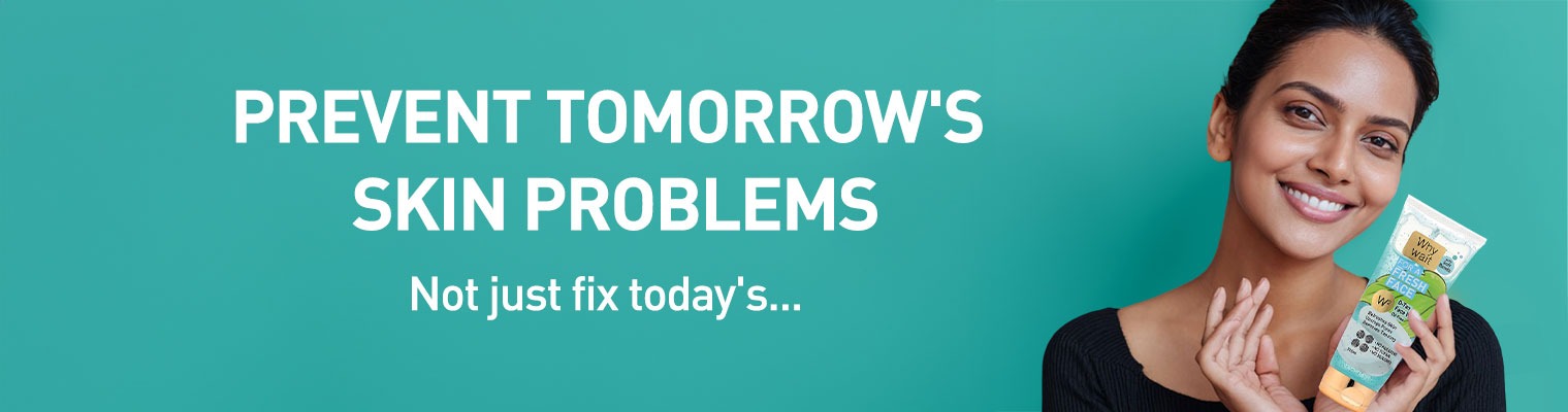 Woman holding a skincare product with text on a teal background