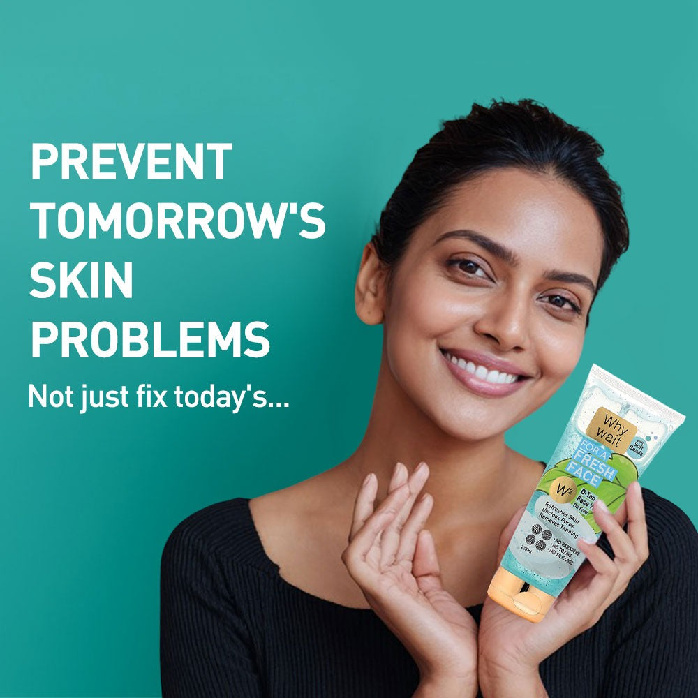 Woman holding a skincare product with text about preventing skin problems