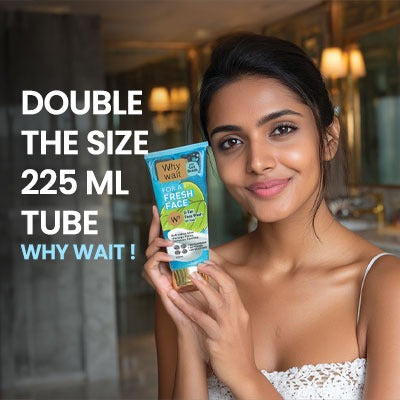 Woman holding a skincare product with text about a larger tube size.