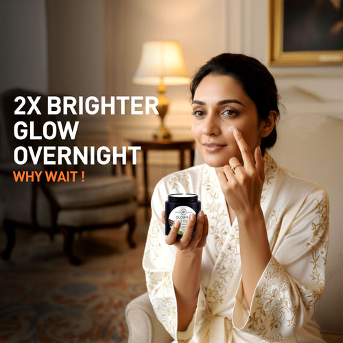 Woman applying skincare product with text '2X Brighter Glow Overnight' in a cozy room.