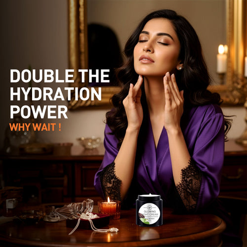 Woman applying cream to her face with a candle and product on a table, text 'Double the Hydration Power Why Wait'.