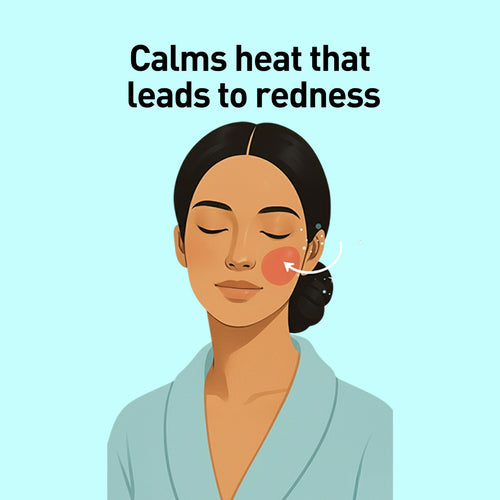 Illustration of a woman with a red spot on her face and text about calming heat leading to redness.