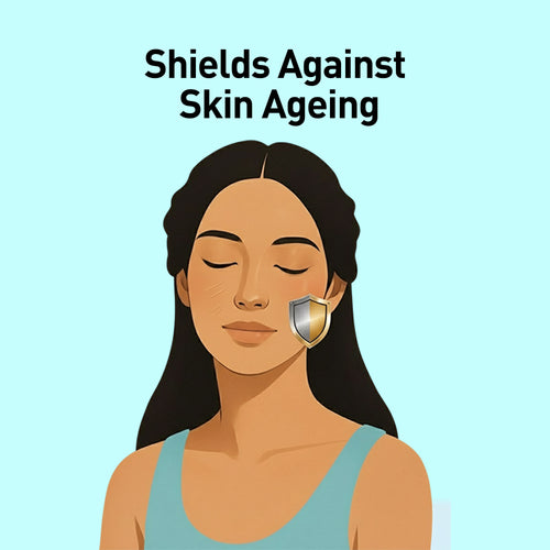 Illustration of a woman with a shield over her eye against a light blue background, with text 'Shields Against Skin Ageing'.