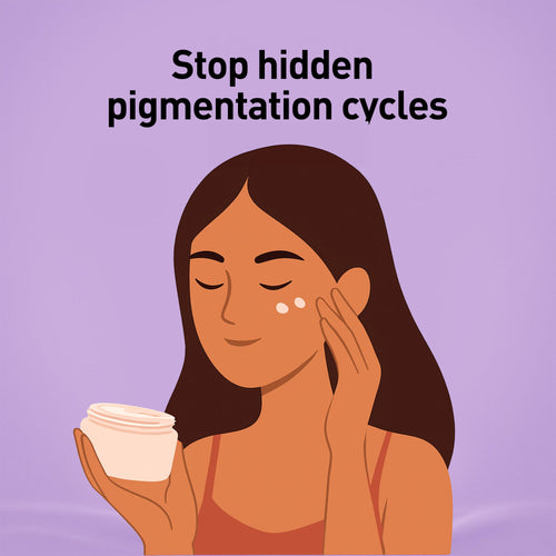 Illustration of a woman applying cream to her face with text 'Stop hidden pigmentation cycles' on a purple background.