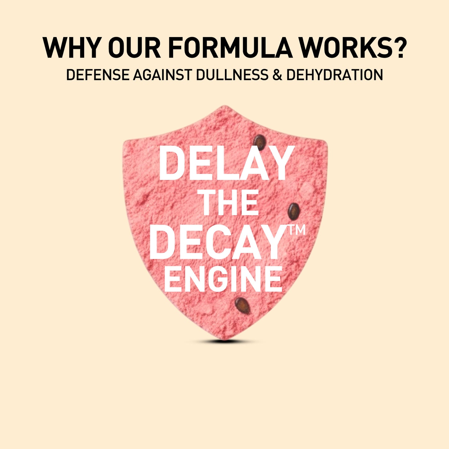 Pink shield with text 'DELAY THE DECAY ENGINE' on a beige background