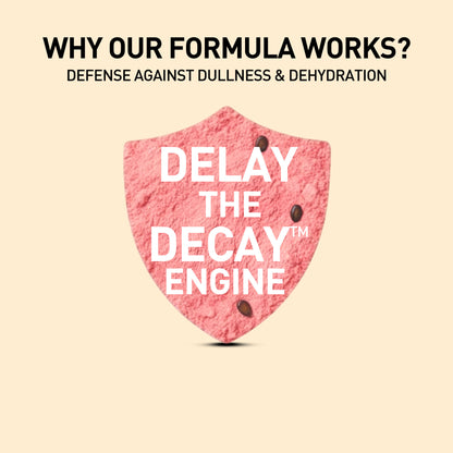 Pink shield with text 'DELAY THE DECAY ENGINE' on a beige background