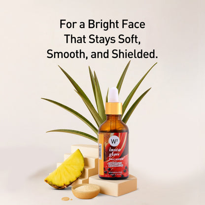 Bottle of W2 skincare product with pineapple and soap on a light background