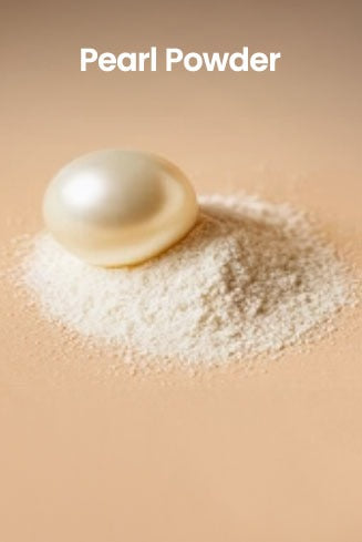 Pearl powder with a pearl on top on a beige background