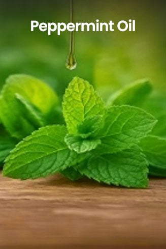 Peppermint oil droplet with peppermint leaves on a wooden surface
