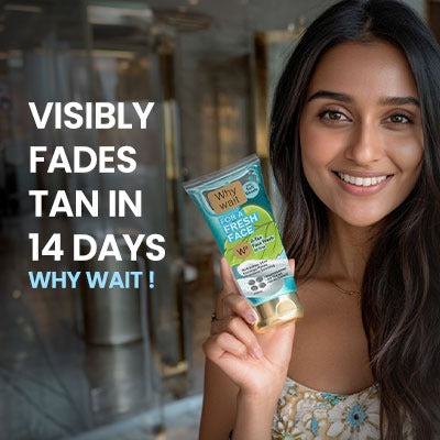 Woman holding a product package with text about tanning fade time.