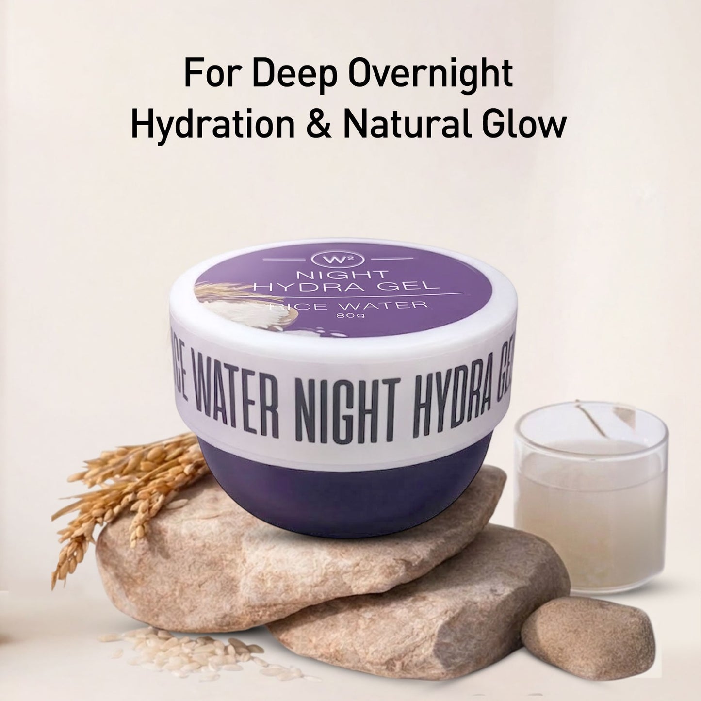 Night Hydra Gel jar with text 'For Deep Overnight Hydration & Natural Glow' on a neutral background.