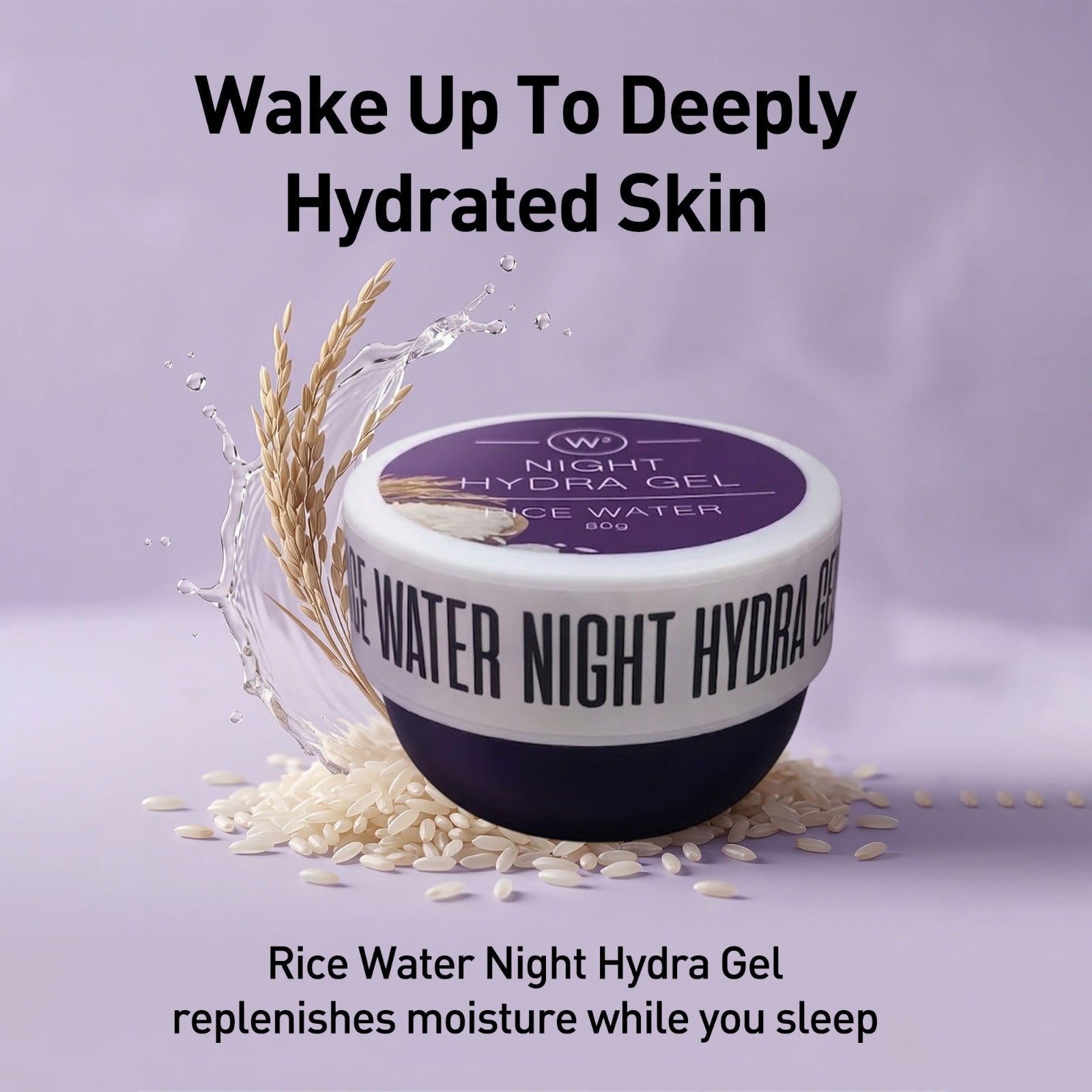 Rice Water Night Hydra Gel container with rice grains and water droplets on a purple background