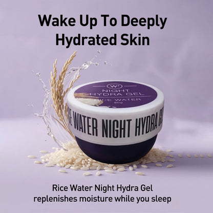 Rice Water Night Hydra Gel container with rice grains and water droplets on a purple background