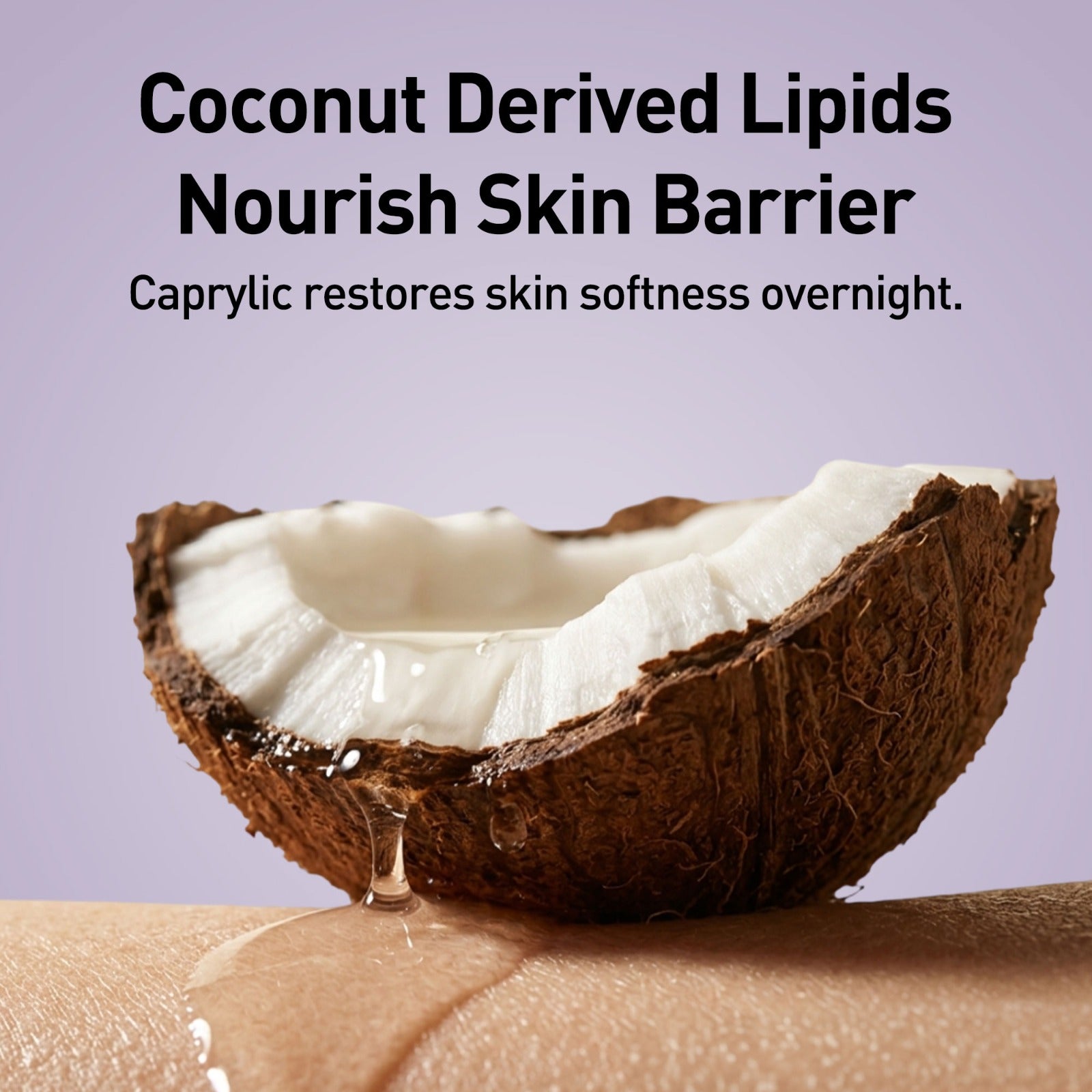 Coconut with coconut-derived lipids on a beige surface against a purple background