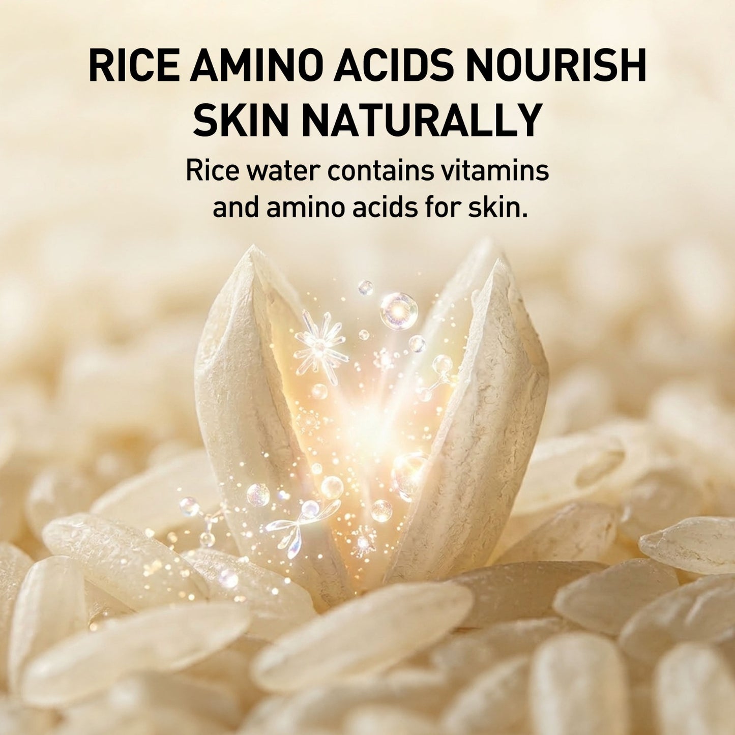 Rice grains with text about rice amino acids nourishing skin