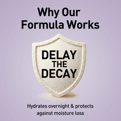 Shield-shaped product with text 'DELAY THE DECAY' on a light purple background