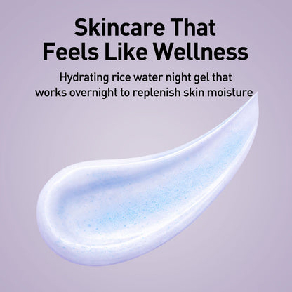Hydrating rice water night gel with a droplet on a light purple background and text about its benefits.