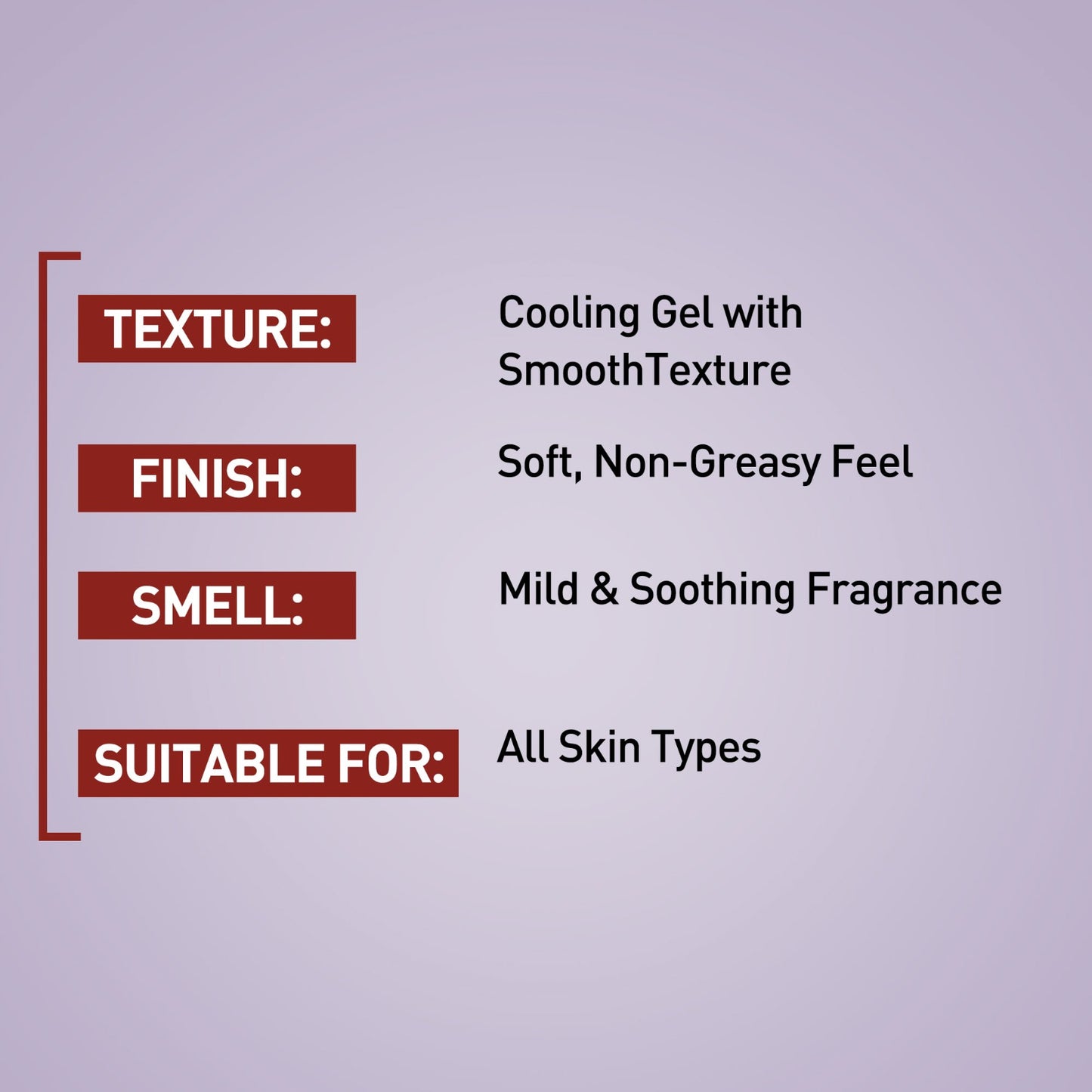 Product feature card with texture, finish, smell, and suitability for skin types on a light purple background.