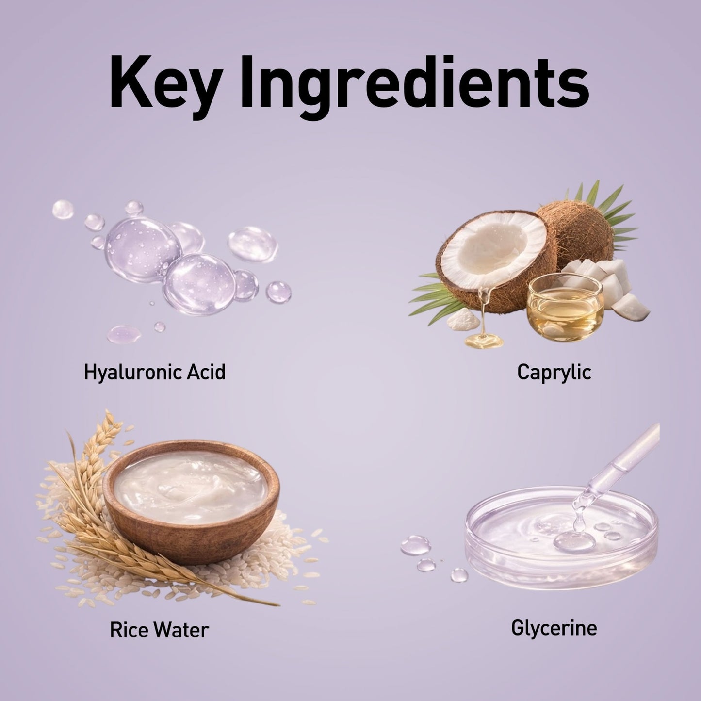 Key ingredients with images and labels on a purple background