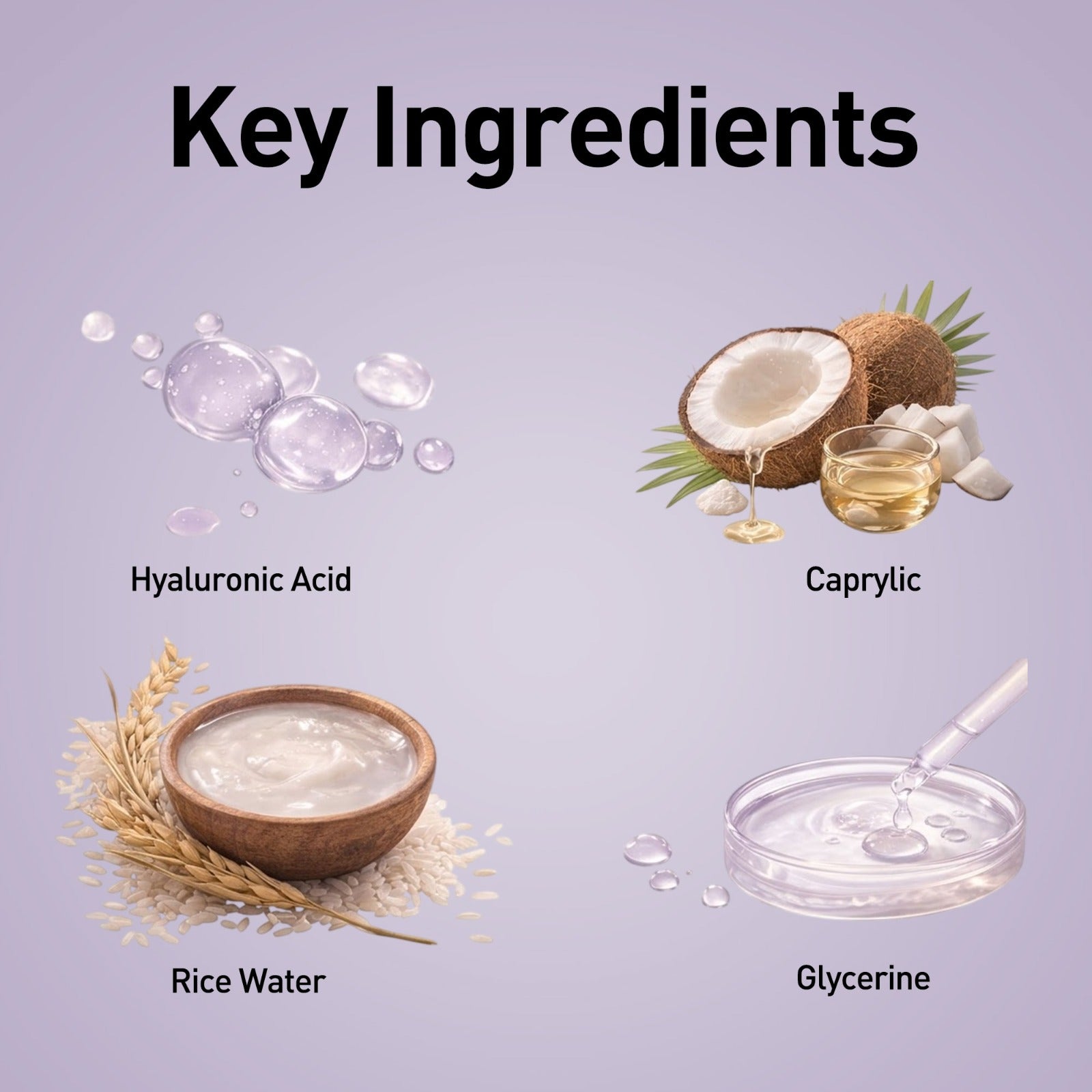 Key ingredients with images and labels on a purple background