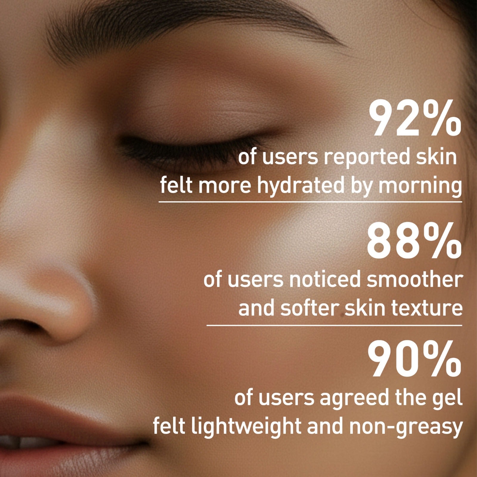 Close-up of a person's face with text highlighting skincare product benefits