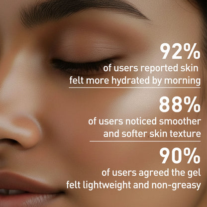 Close-up of a person's face with text highlighting skincare product benefits