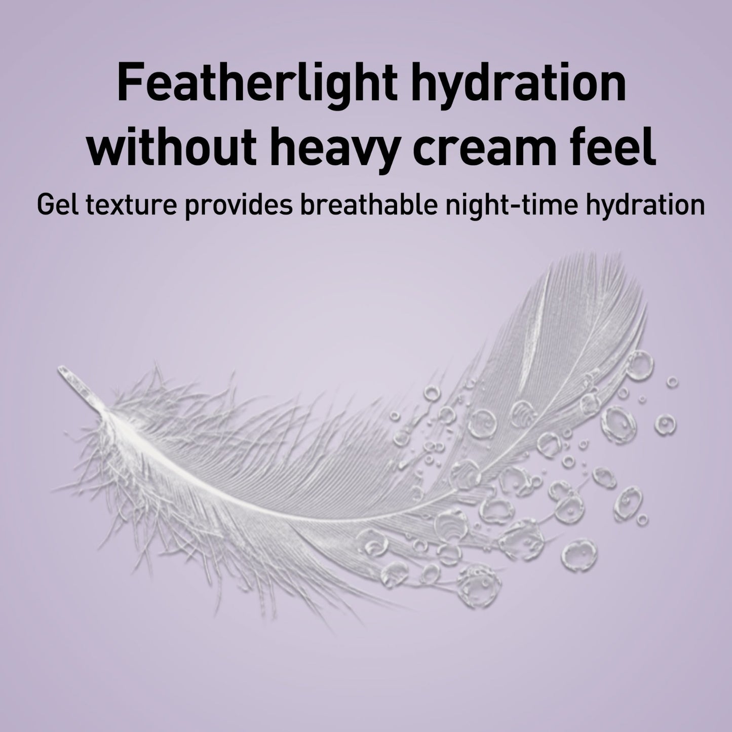 Feather and gel texture on a purple background with text about featherlight hydration.