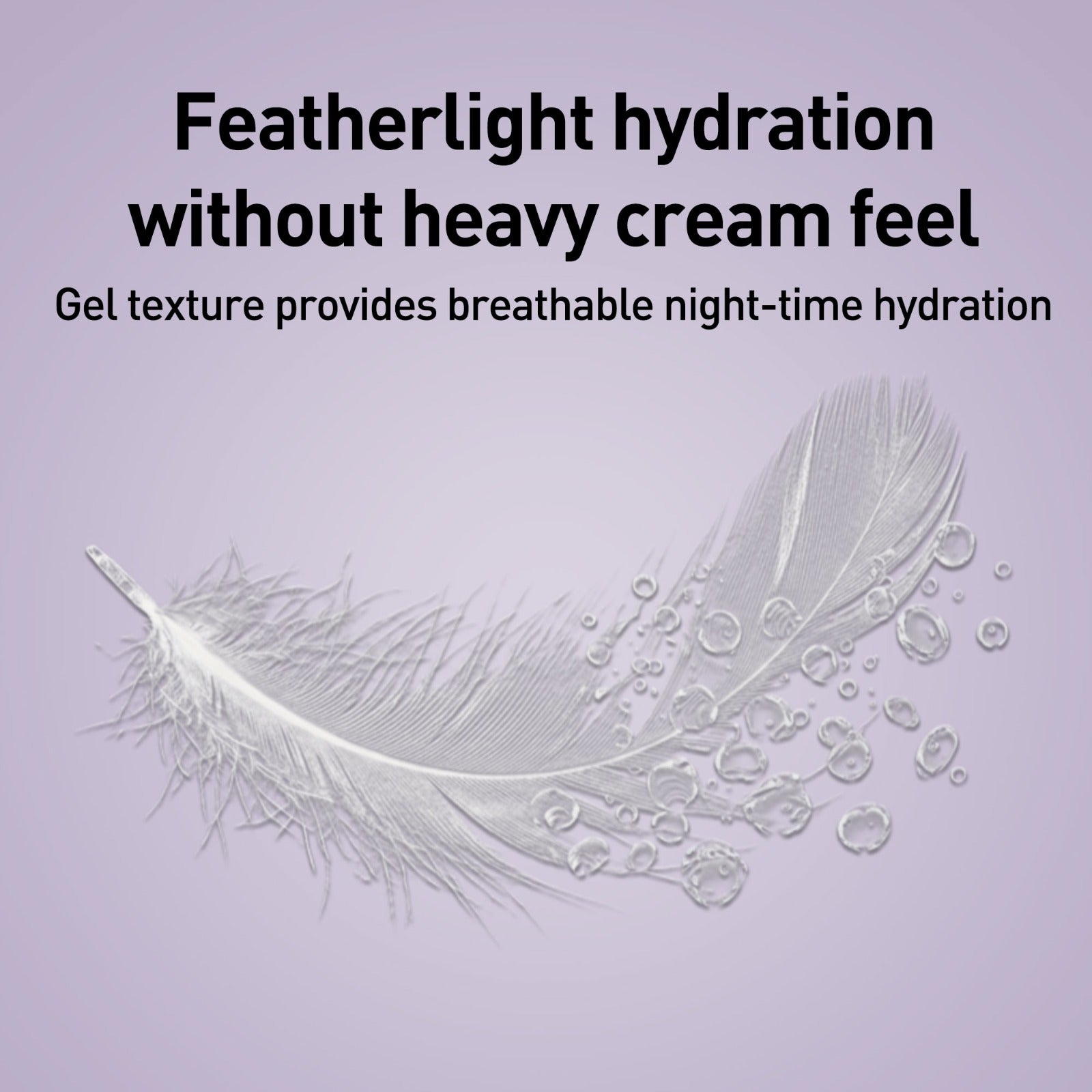 Feather and gel texture on a purple background with text about featherlight hydration.