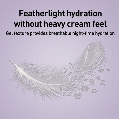 Feather and gel texture on a purple background with text about featherlight hydration.