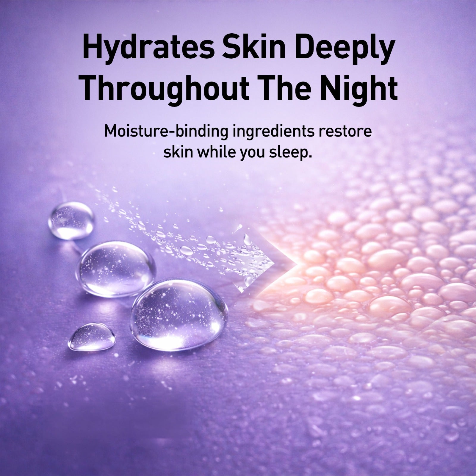 Promotional graphic for skincare product with moisture-binding ingredients on a purple background