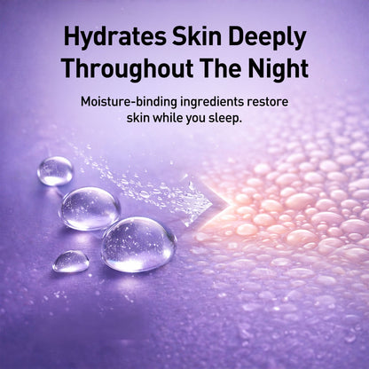 Promotional graphic for skincare product with moisture-binding ingredients on a purple background