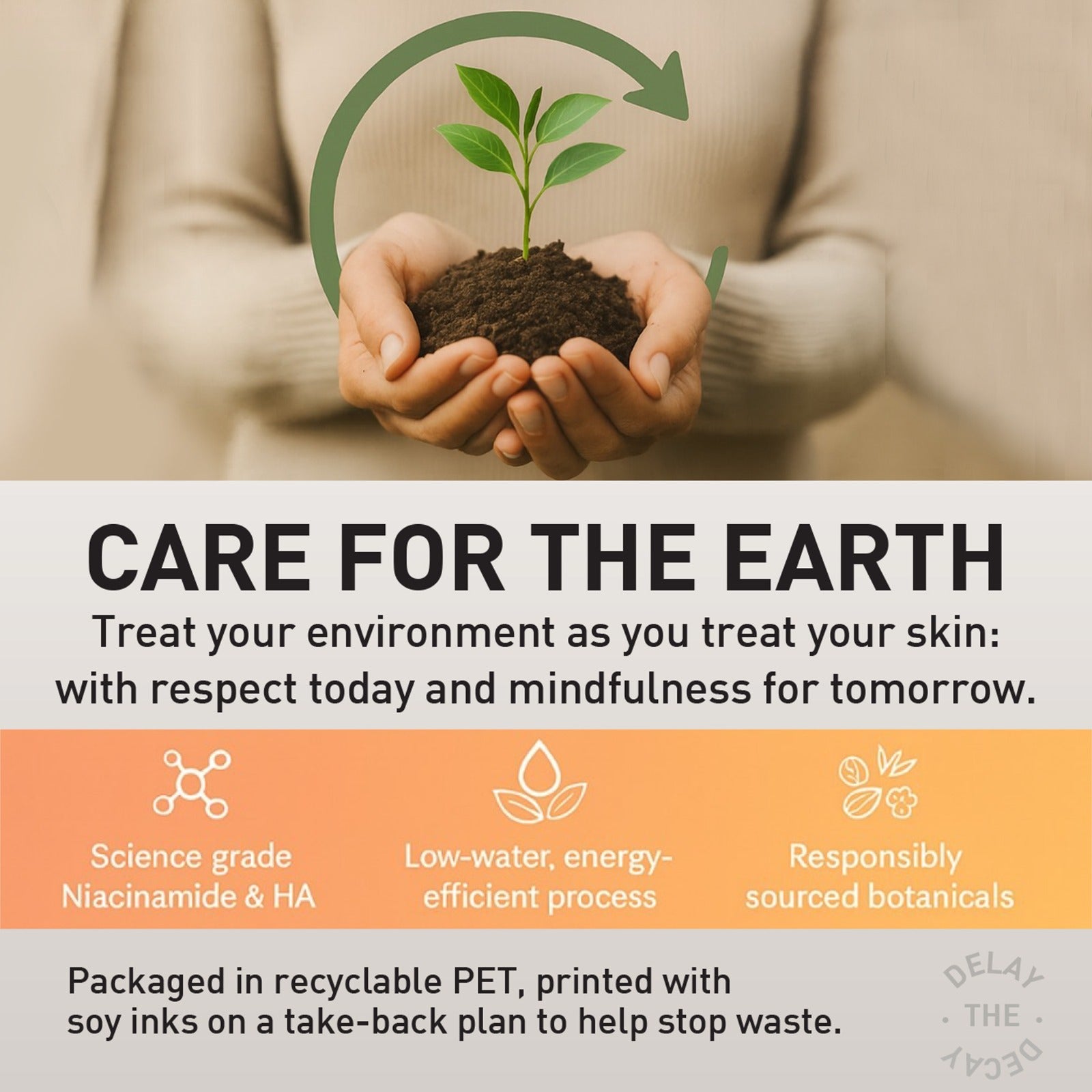 Hands holding a small plant with text about caring for the Earth and sustainability.