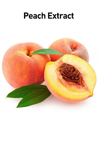 Peach extract with whole peaches and a halved peach on a white background