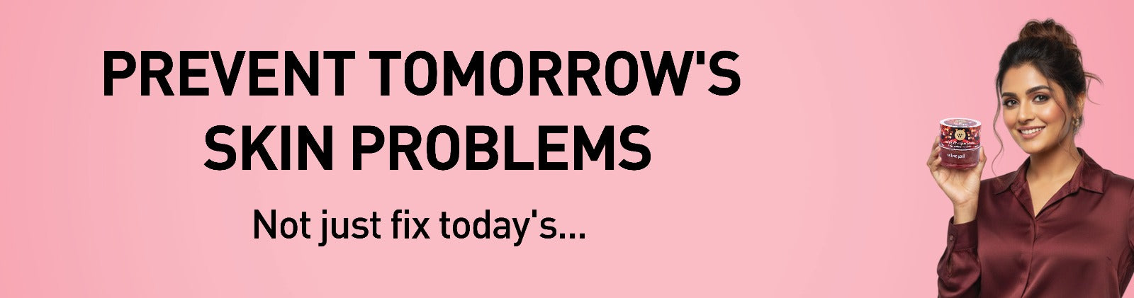 Woman holding a jar with text about preventing skin problems on a pink background