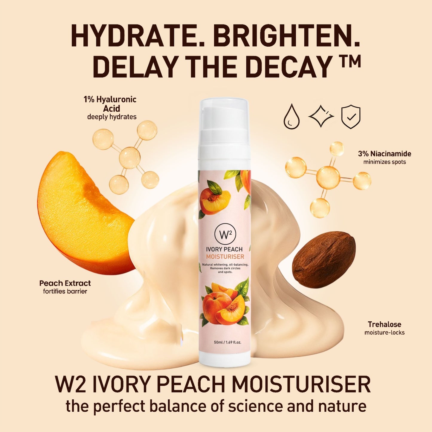 W2 Ivory Peach Moisturizer with peach extract and moisturizing ingredients on a beige background