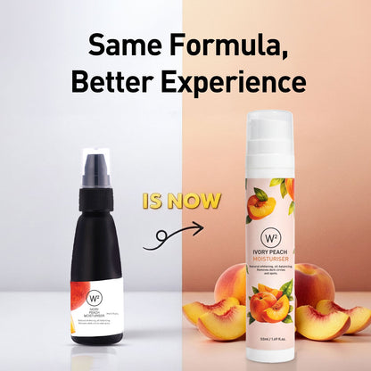 Two skincare products with peaches on a gradient background, featuring text 'Same Formula, Better Experience'.