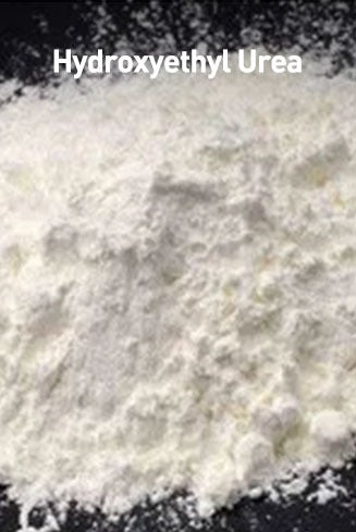 White powder labeled 'Hydroxyethyl Urea' on a dark background