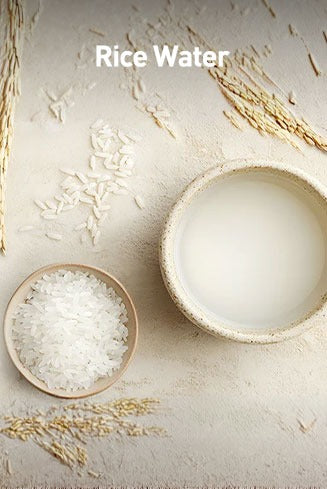 Two bowls, one with rice and the other with a liquid labeled 'Rice Water', on a light background.